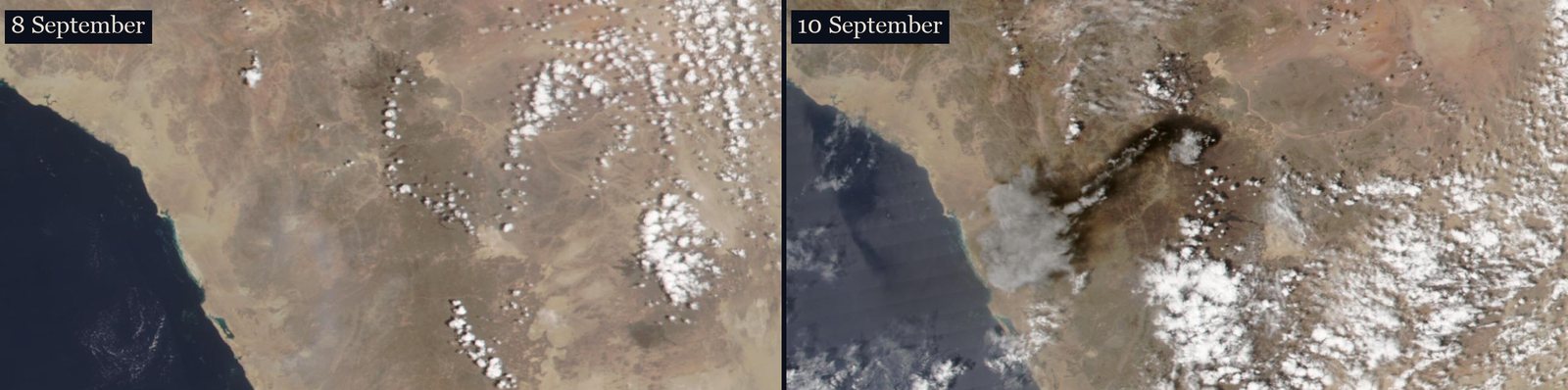 Two satellite images of the same stretch of western Saudi Arabia side by side, labelled 8 September and 10 September. The first shows desert, scattered clouds and the Red Sea coast. The second shows the same scene with a dark plume of smoke rising from a point inland and drifting south-west across the coastal plain to the sea.